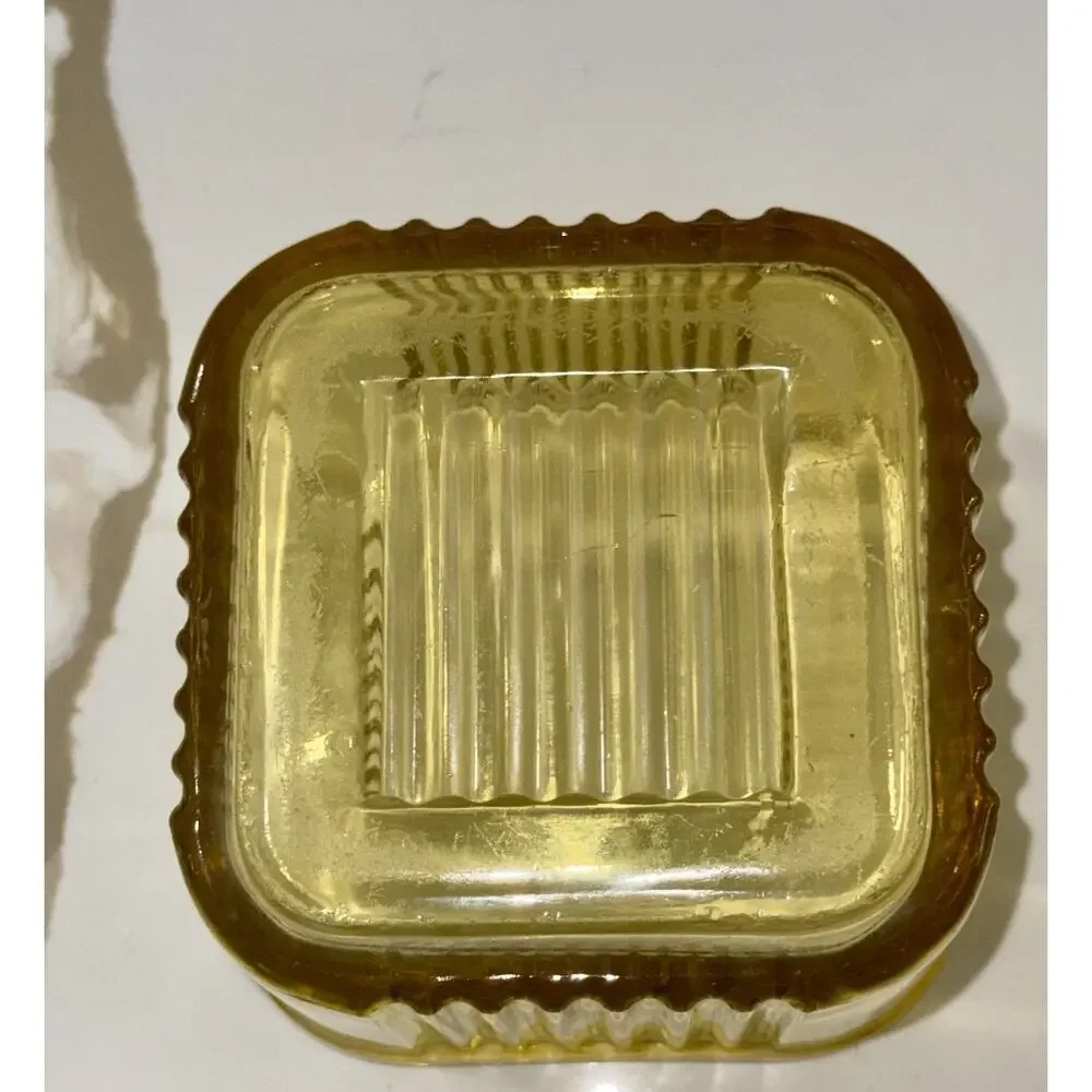 Federal Amber Depression Glass Square Ribbed Refrigerator Dish W/Lid 3.5”x4”